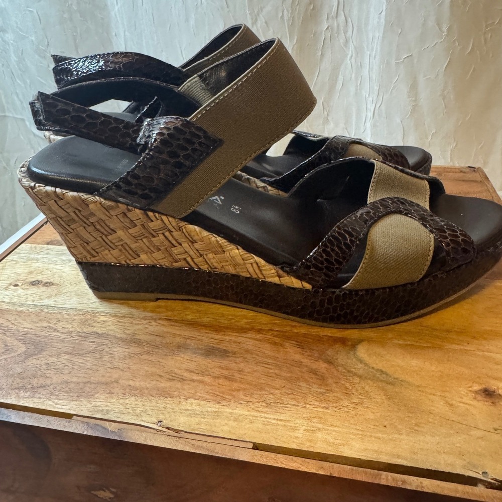 Aquatalia Wedge Sandals 8.5 Brown Olive Snakeskin Woven Made in Italy Open Toe - Picture 5 of 8